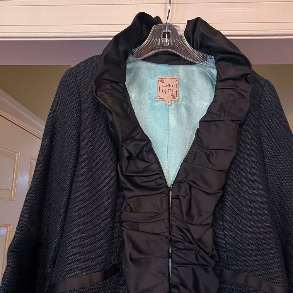 NWOT Nanette Lepore Vivaldi‎ Linen Coat w/ Satin Ruffle in Black Size 8 - Picture 5 of 10